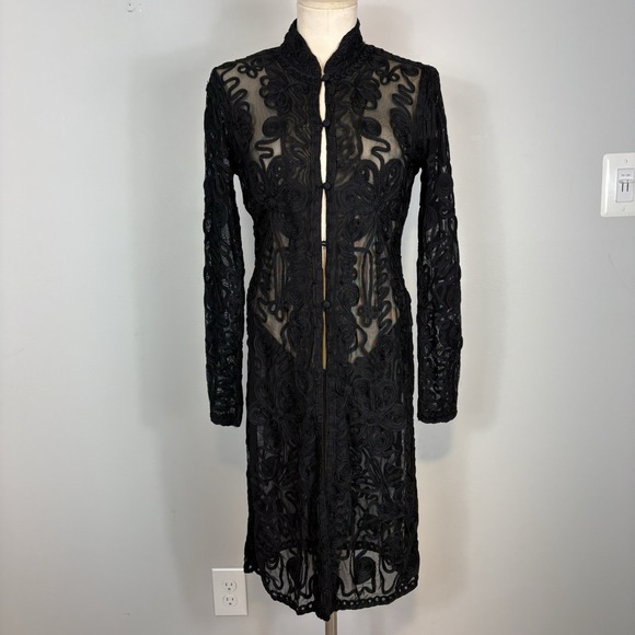 Cache Sweaters - Cache Y2K Black Soutache Mesh Duster Cardigan Lace Sheer Button Front M Gothic